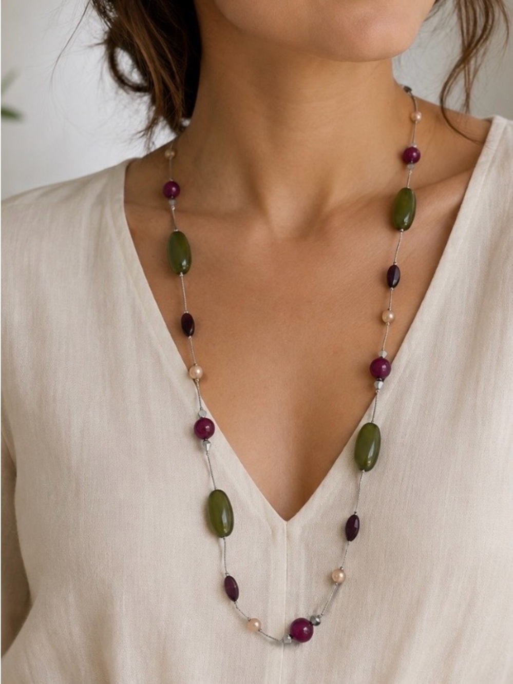 Long Olive Green & Magenta Bead Necklace - Elegant Layering Piece